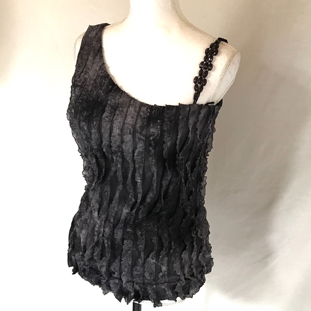 Ruffle Navy Blue Watercolor Cascade Jeweled Tank Top Medium